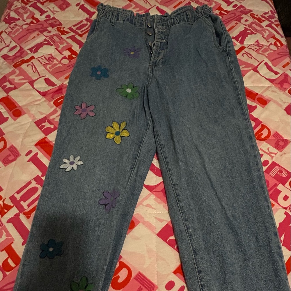 Forever 21 Blue Jeans with Multicolor Floral Embroidery